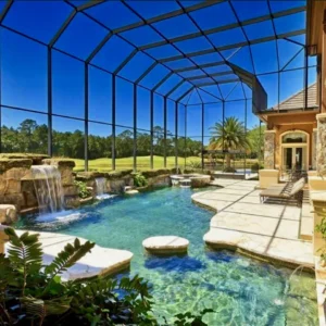 Custom aluminum pool enclosure in Houston TX with screened roof
