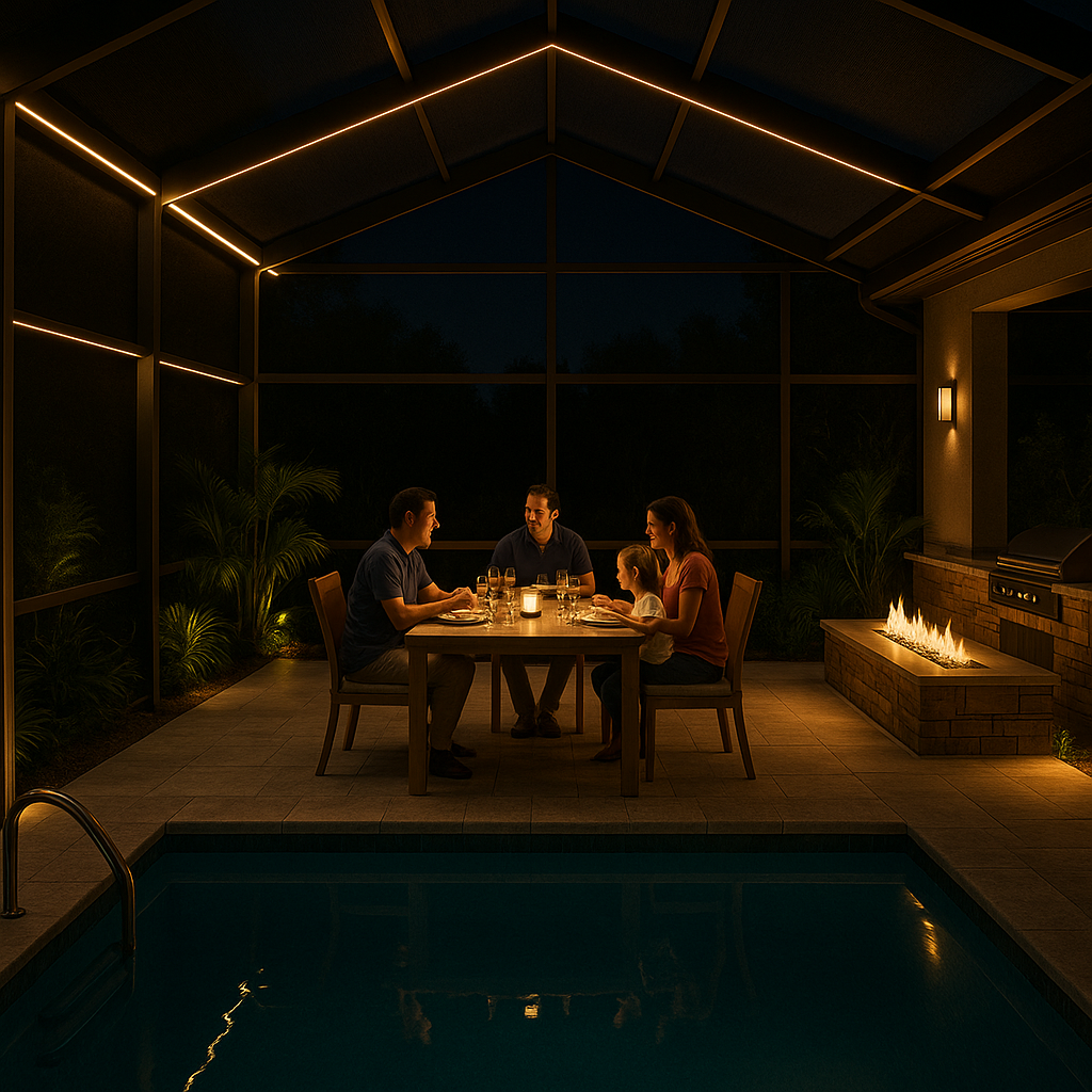 Bug-free outdoor dining with pool enclosure