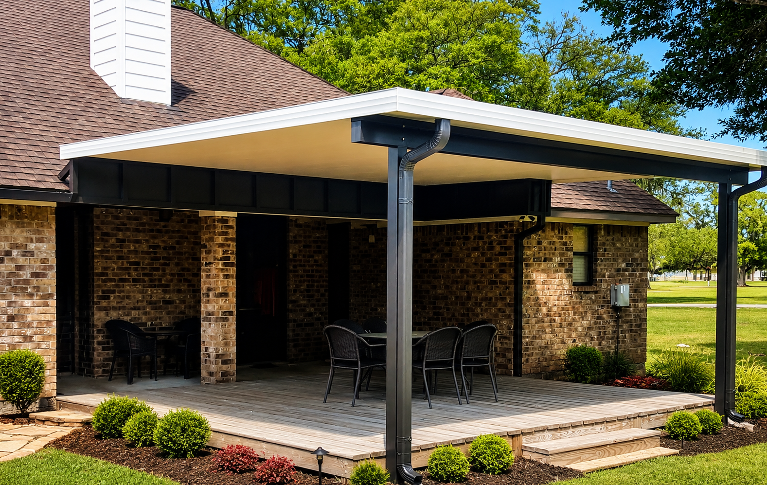 Bronze aluminum framing on a Webster, TX patio cover