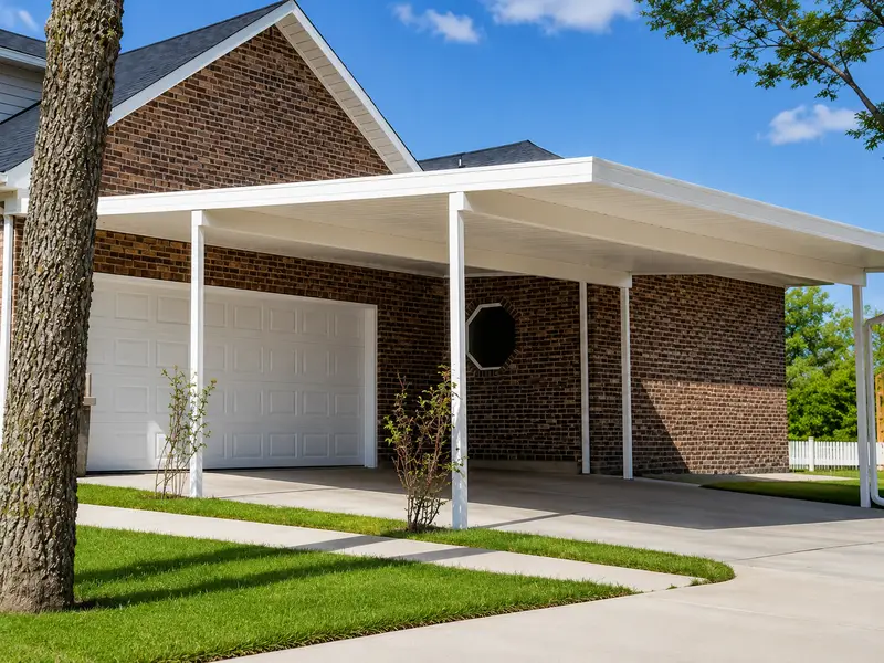 Attached aluminum carport cover extending from garage on a Houston home
