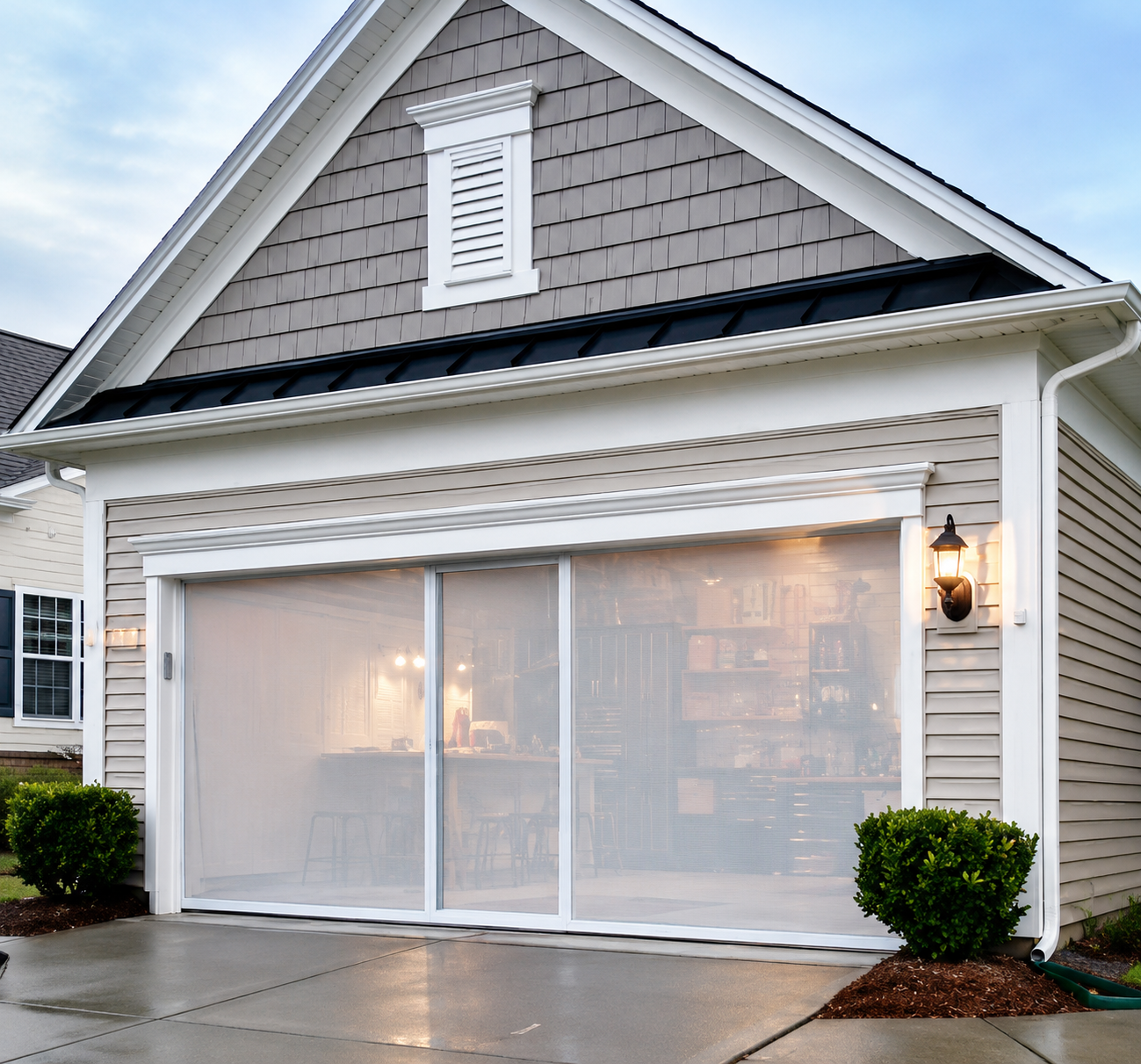 Retractable Lifestyle garage screen installed on a Houston area home
