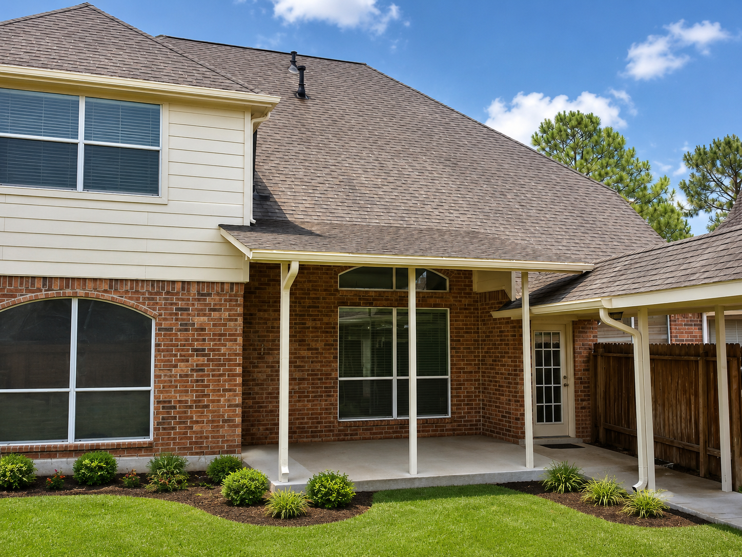 Aluminum breezeway patio cover linking the home and patio at a Manvel TX property