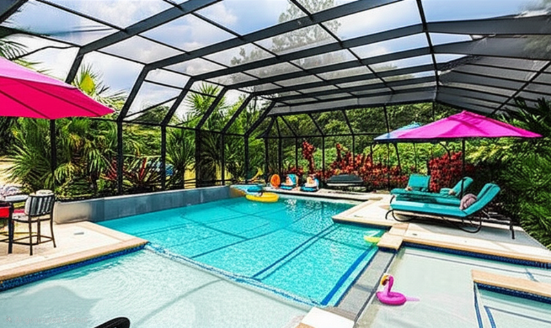 Damaged screen panels on a Houston-area pool enclosure before rescreening
