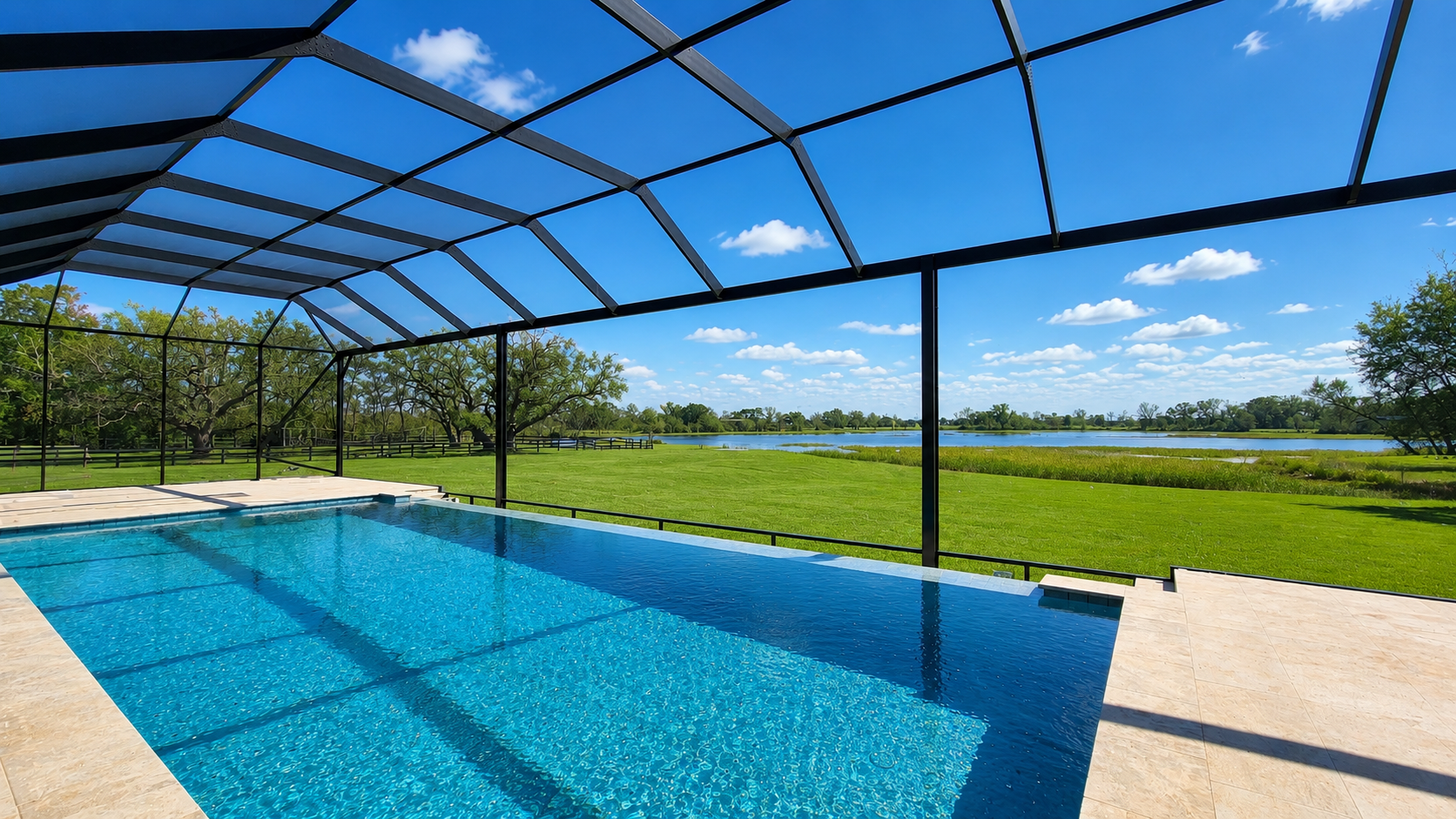 Screened-in pool enclosure with open Gulf Coast backyard view