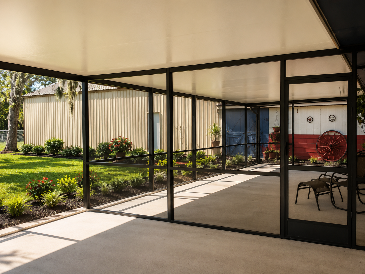 Underside view of a patio cover and screen room structure