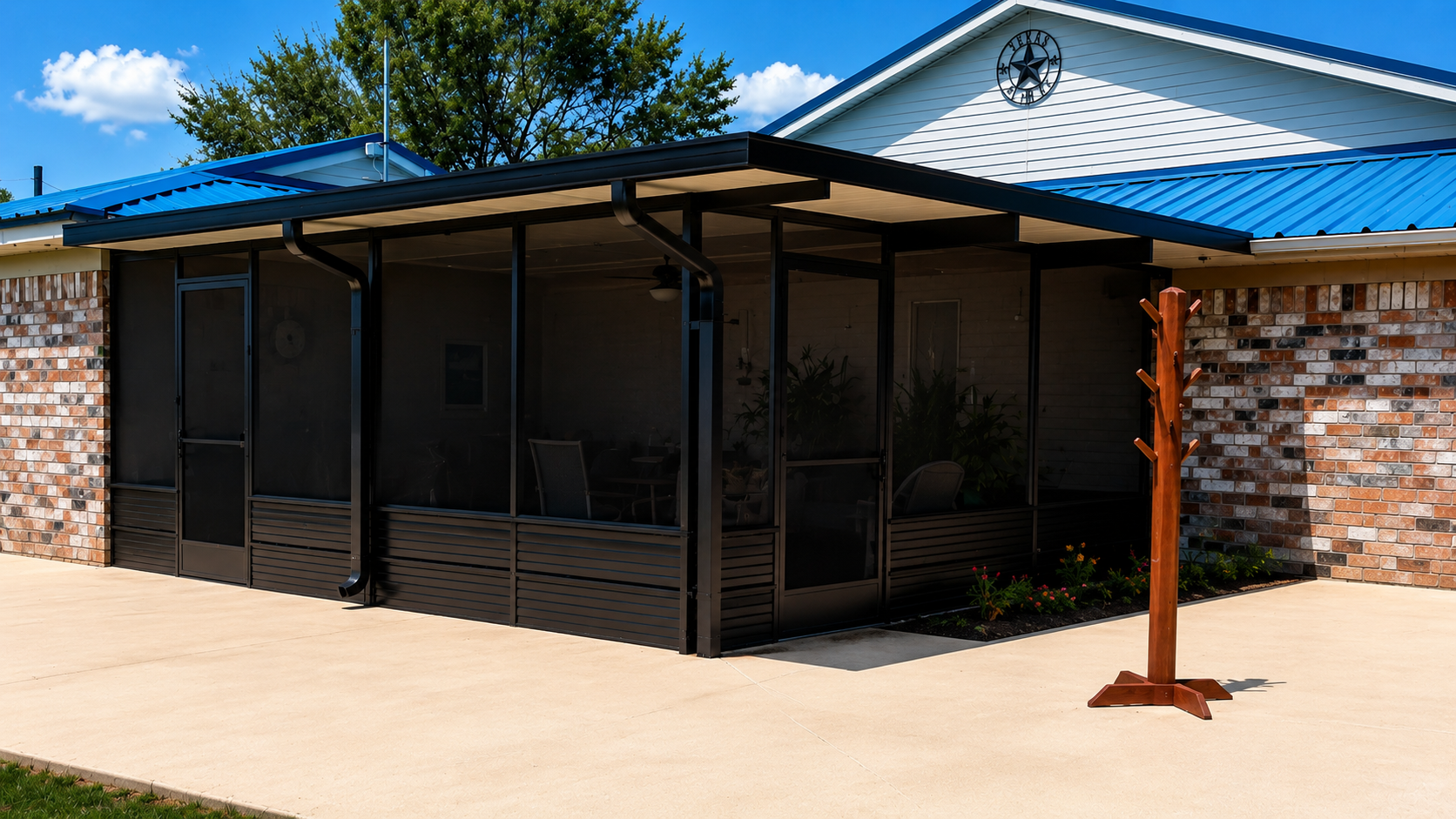 Bronze back patio cover screened in, Houston, TX