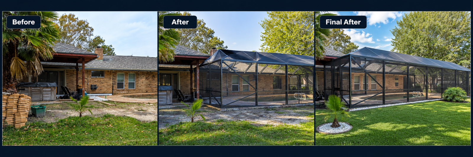 Before and after custom pool enclosure build in Dickinson TX