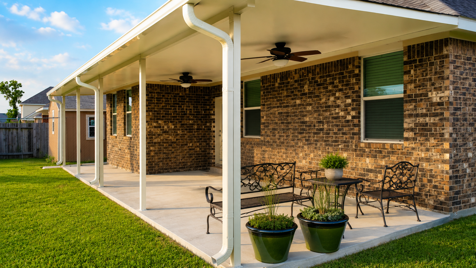 Bright suburban backyard patio upgraded with a custom patio cover near Dickinson TX