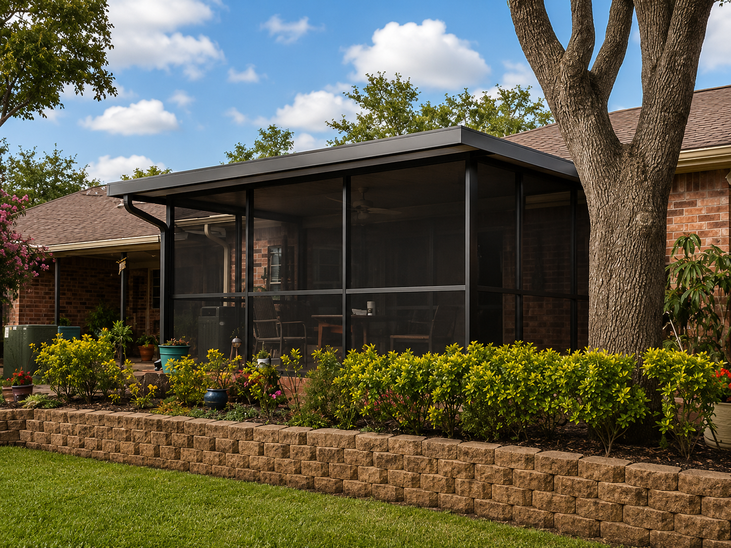 Bronze patio cover and screened-in outdoor living space in Friendswood TX