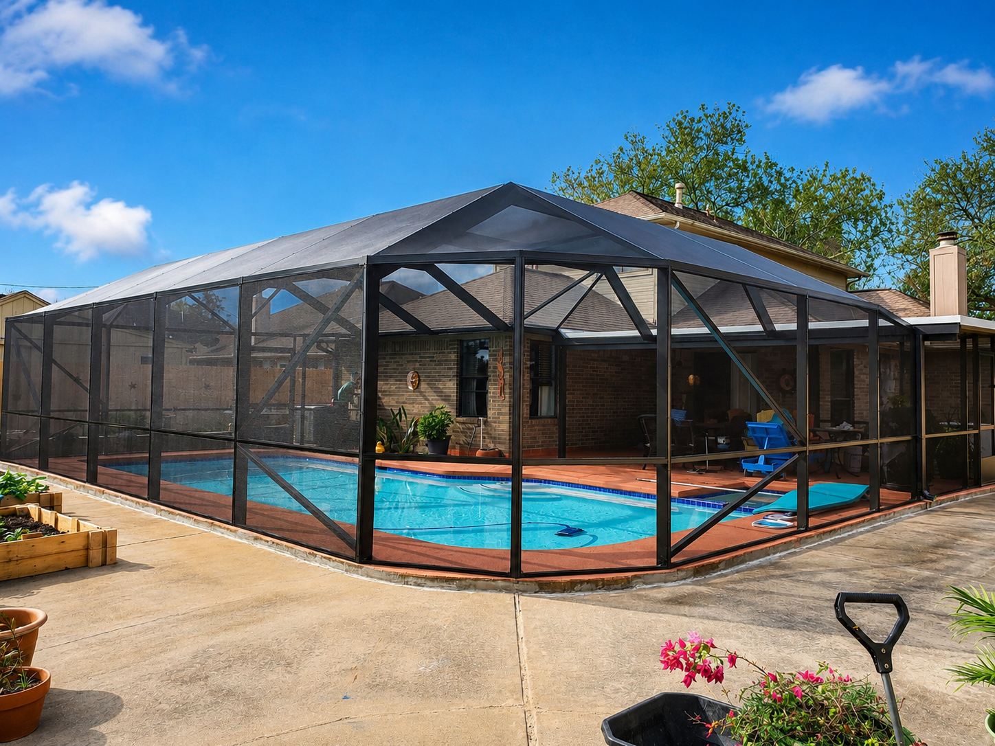Screened pool cage for Texas Gulf Coast backyard