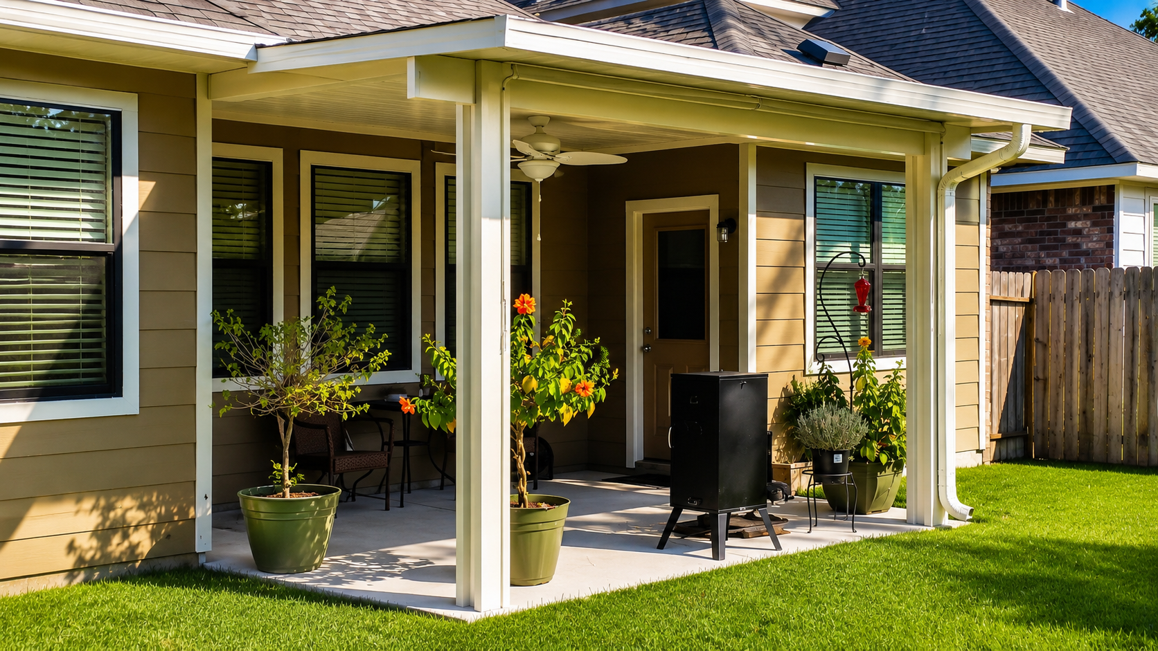 Charming suburban patio with afternoon shade in Pearland, TX