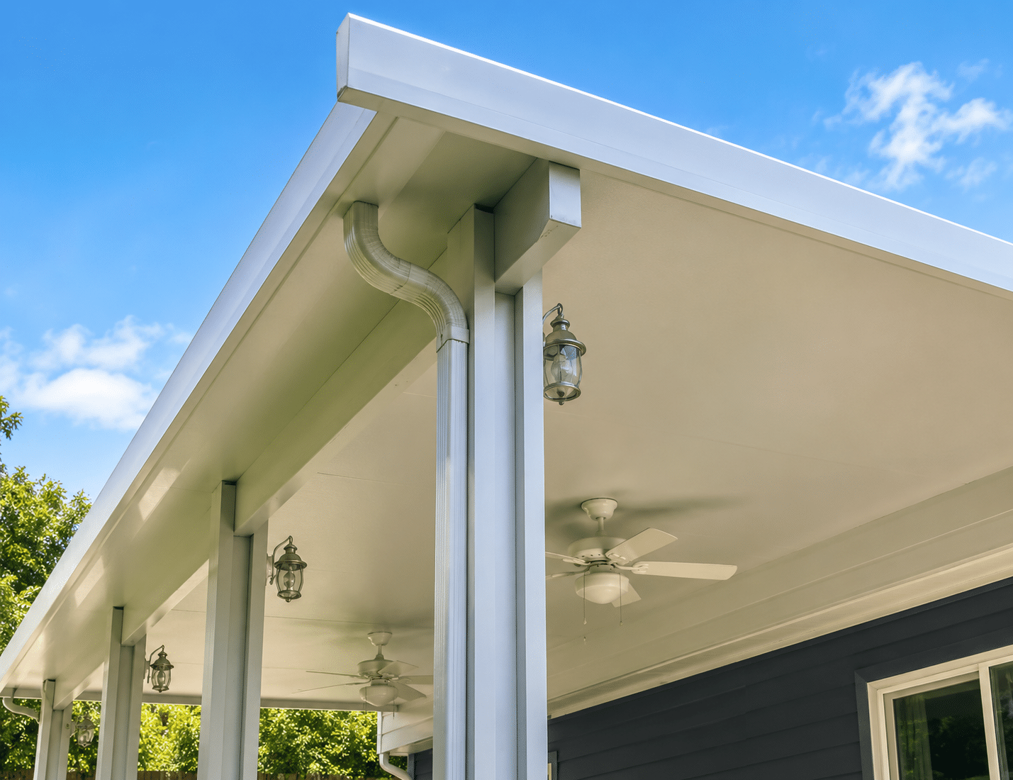 Close-up of aluminum beam connection on a patio cover