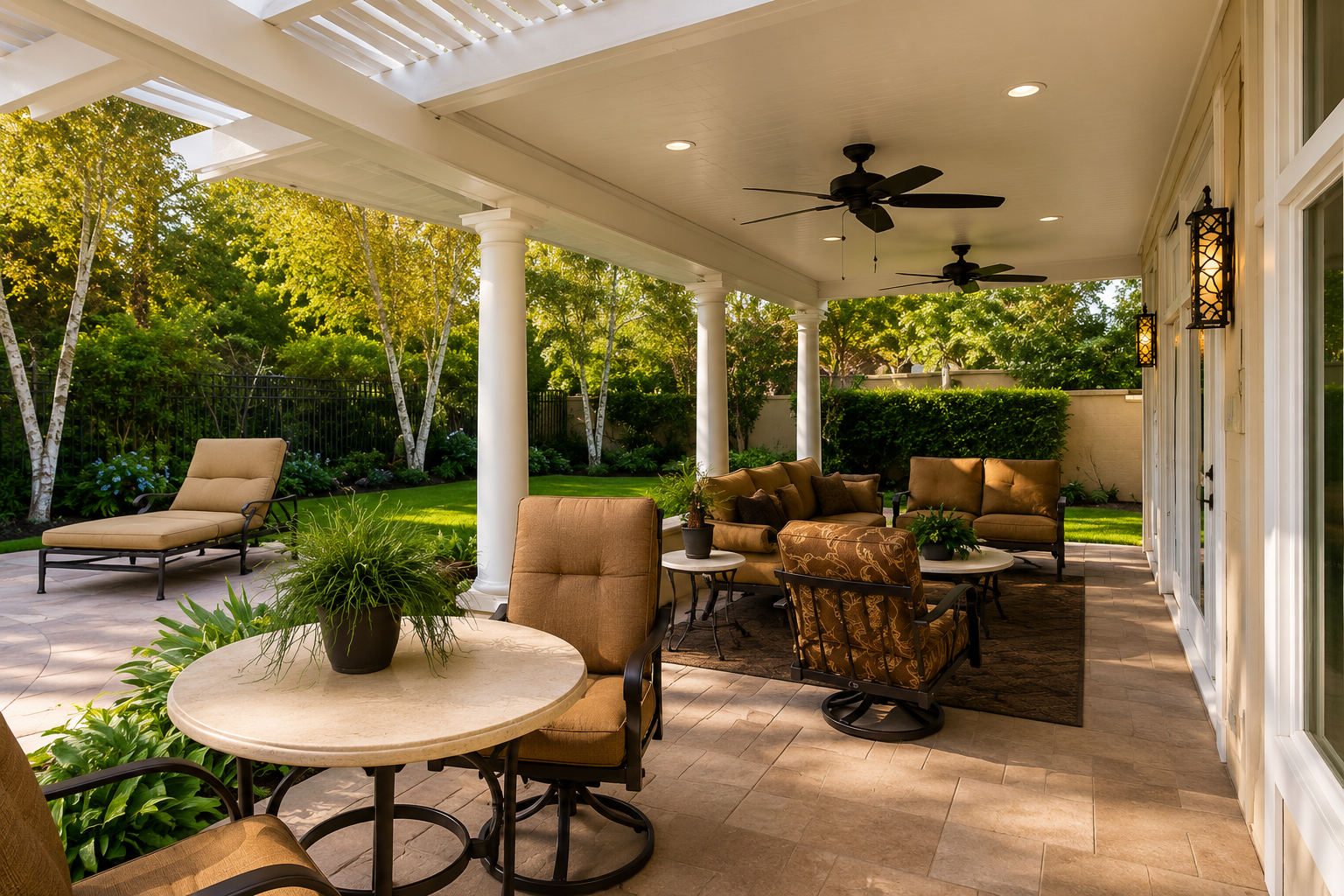 Cozy backyard patio cover addition with lush garden near Cypress, TX