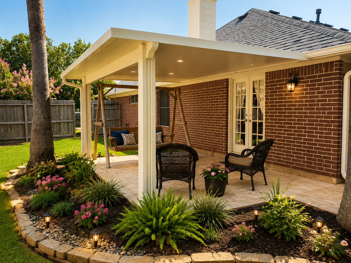 Cozy Katy backyard patio cover surrounded by garden landscaping