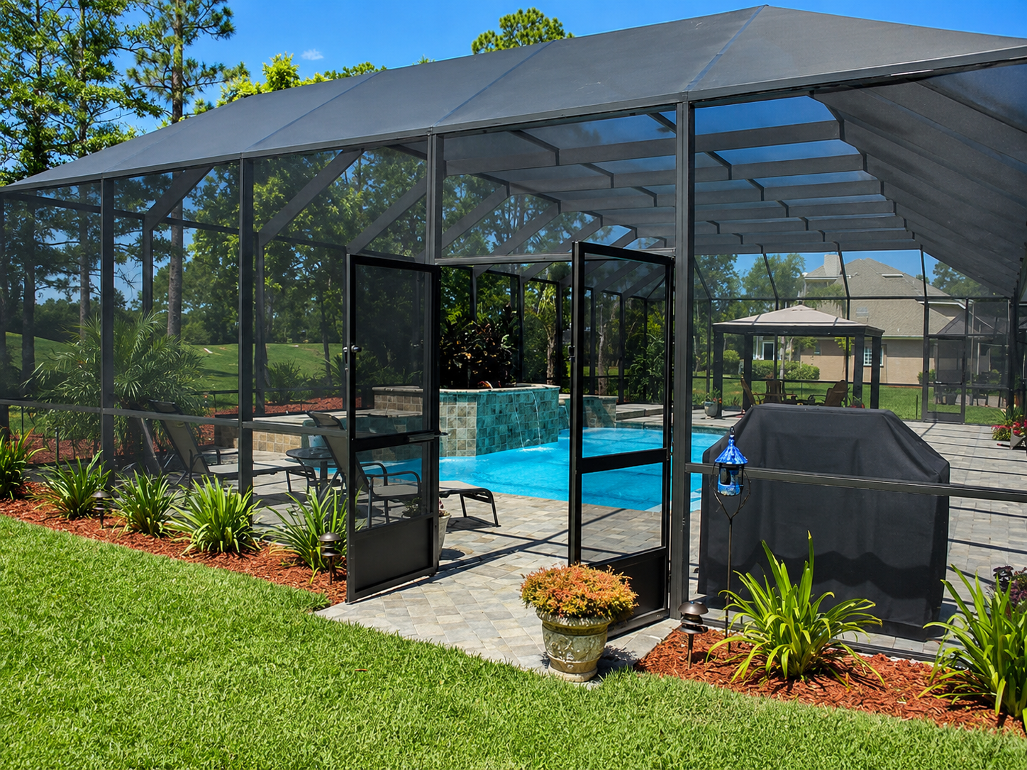 Custom aluminum frame and screen detail on a League City pool enclosure