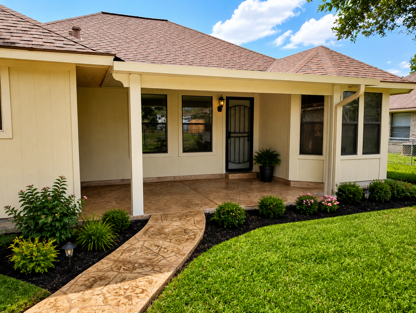 Custom shaded retreat built around a home