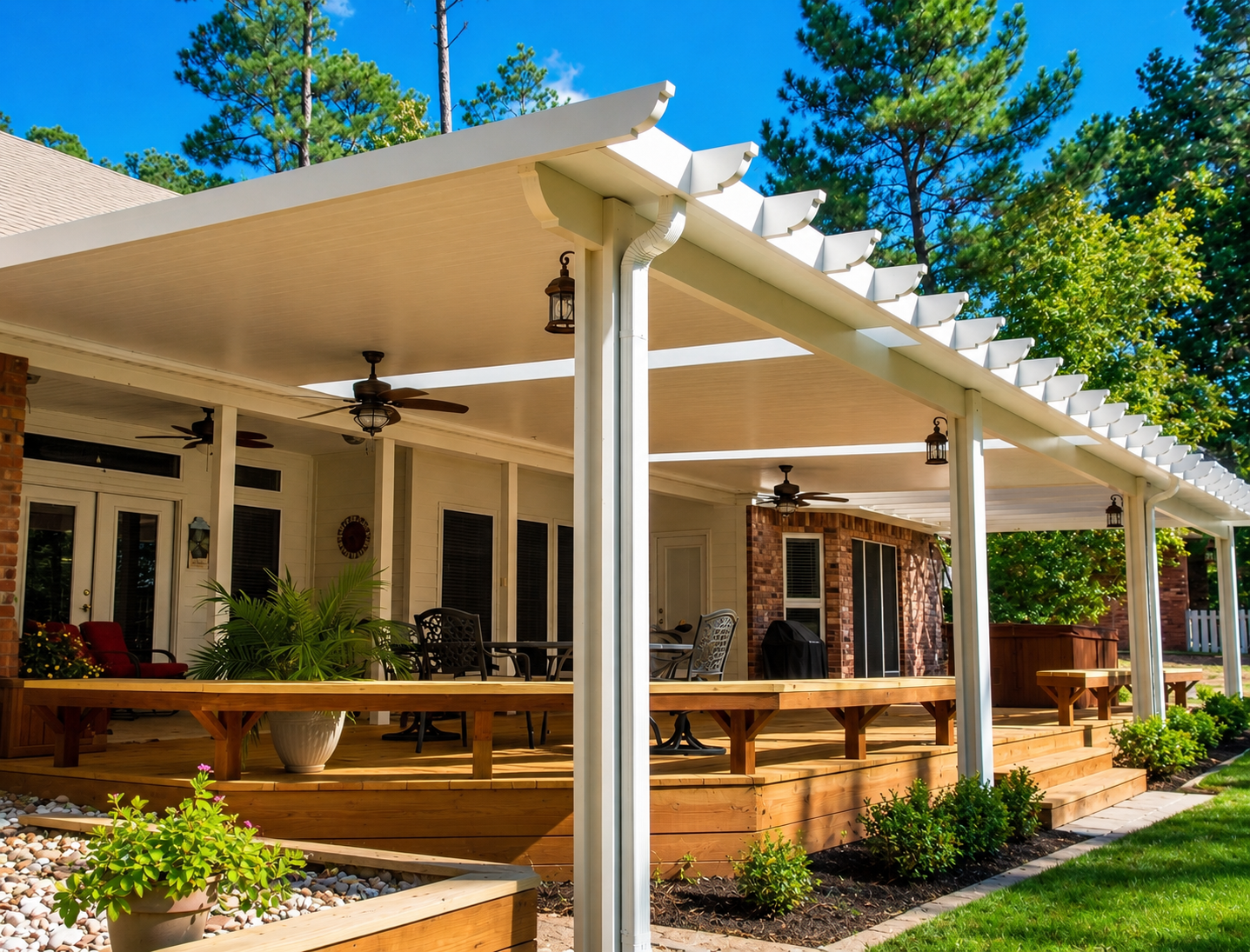Decorated insulated patio cover with skylights fan beam and decorative ends