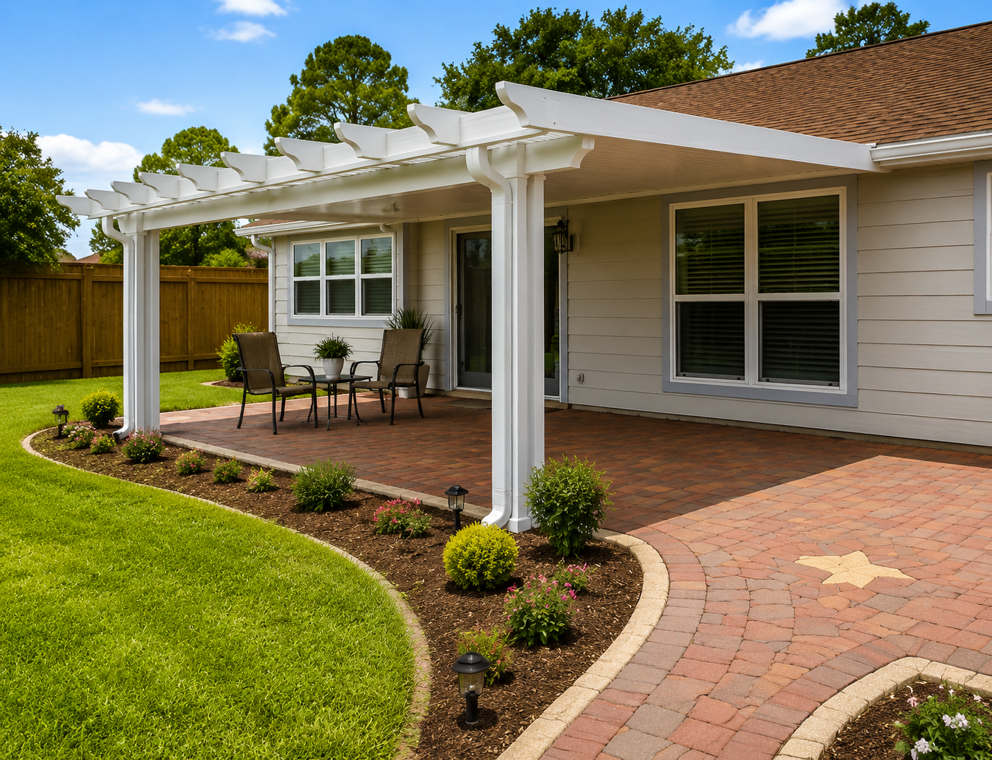 Decorative Santa Fe style patio cover near Pearland, Texas