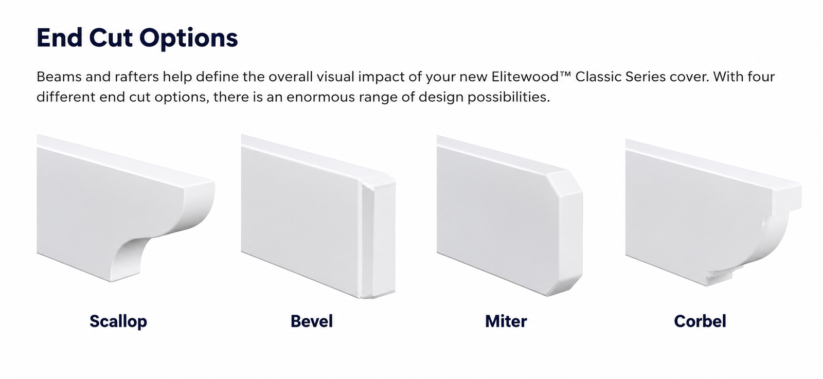 Decorative beam end cut options for custom aluminum patio covers in Dickinson TX