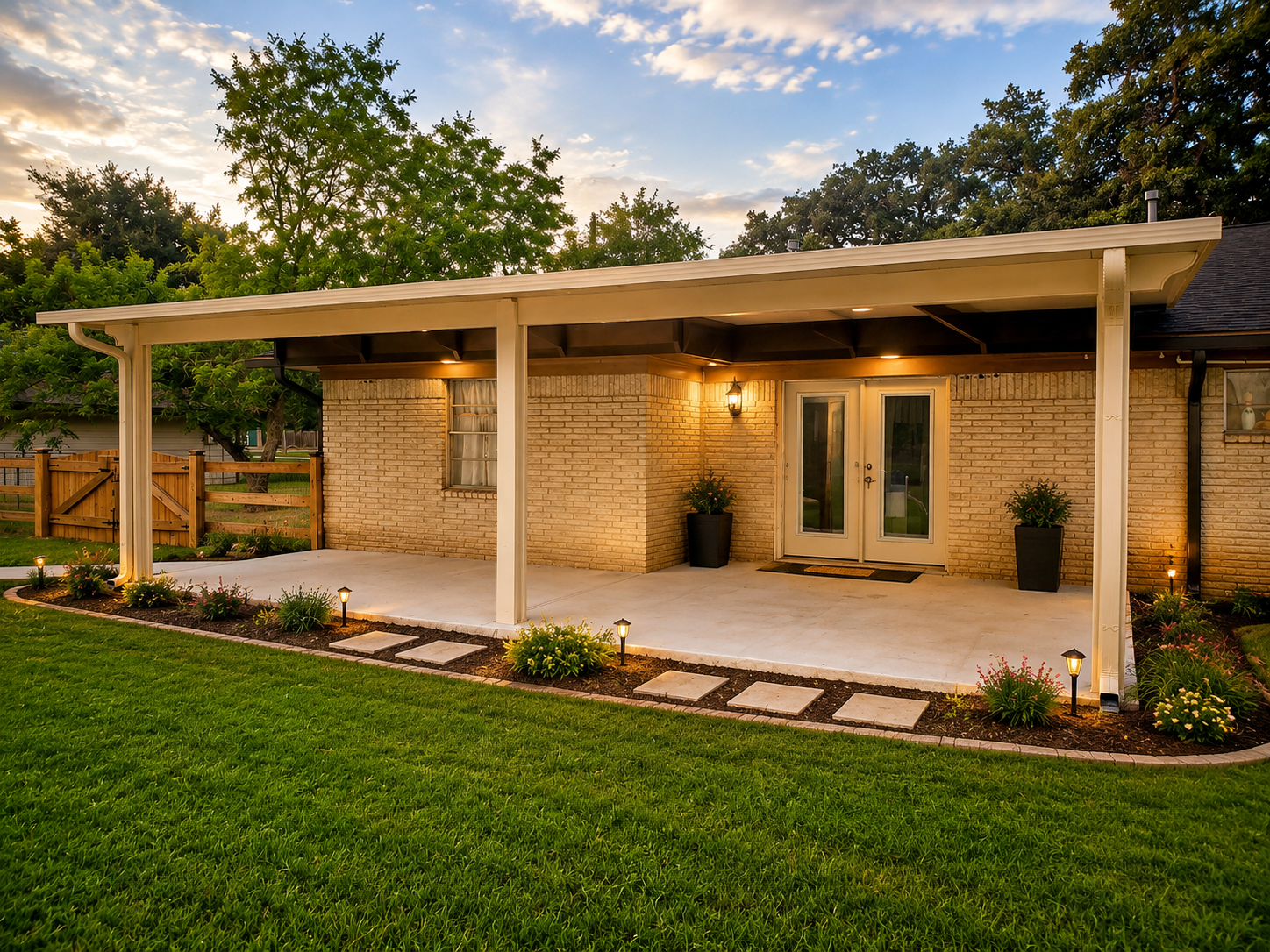 Golden hour view of a covered backyard patio