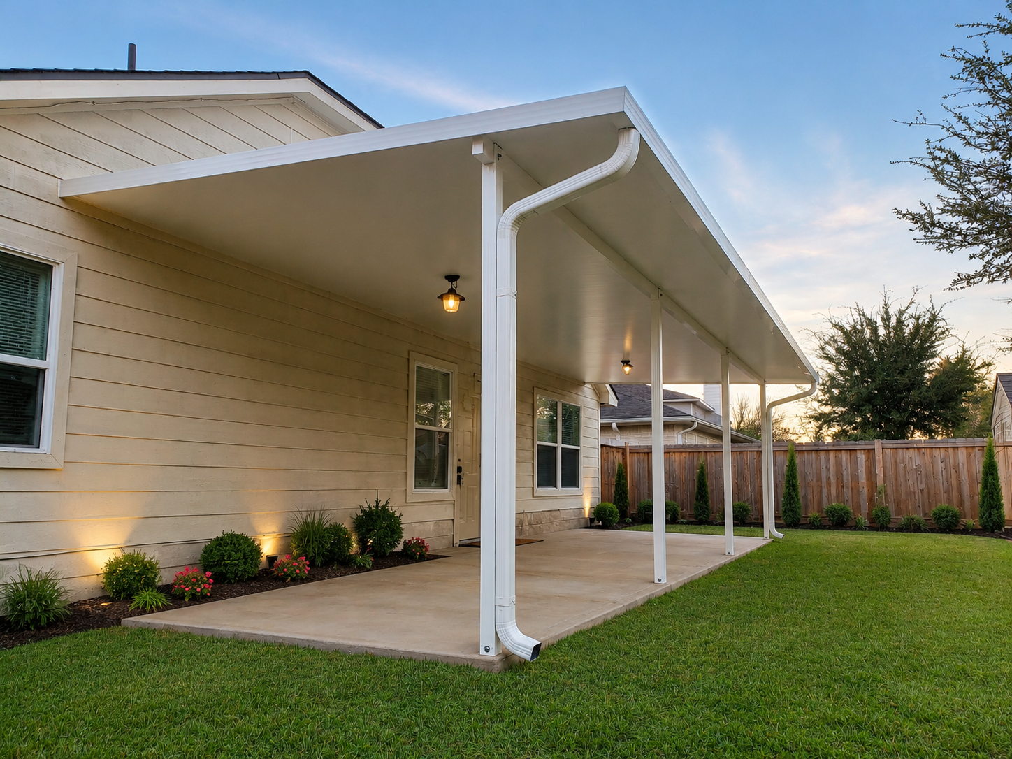 Insulated custom patio cover at golden hour in Manvel area