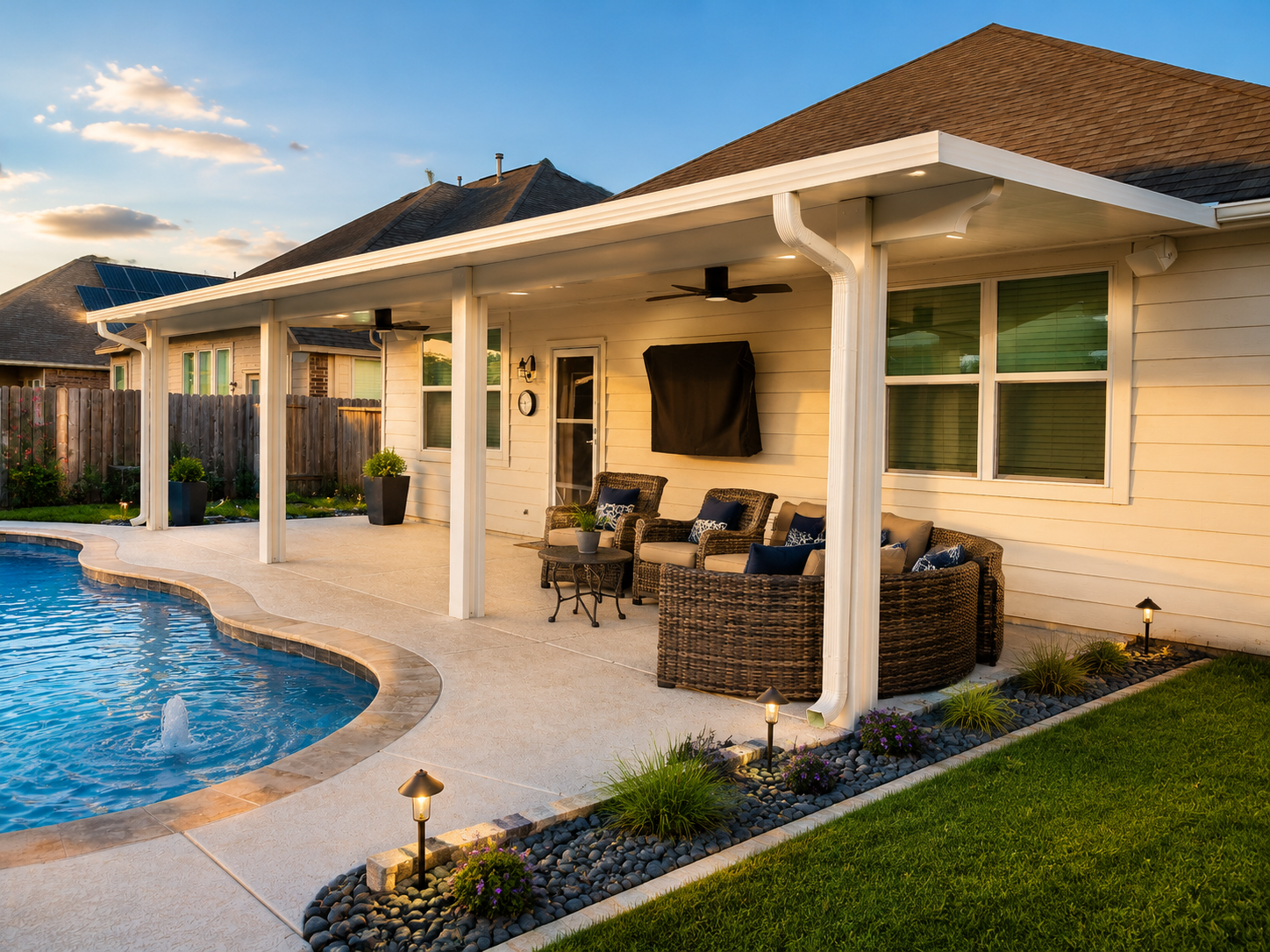 Modern poolside patio cover and shade structure