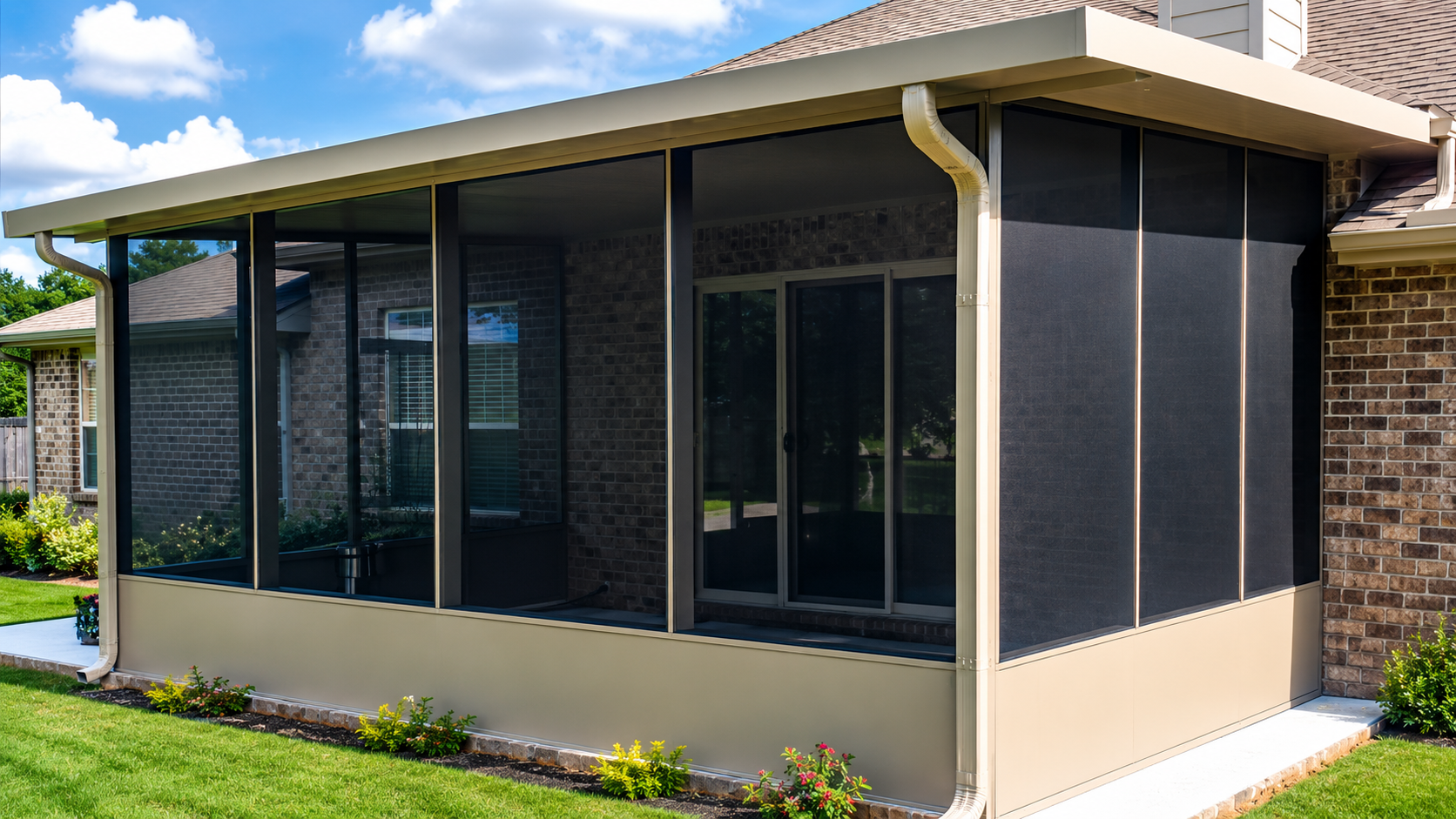 Modern screened patio cover room addition built onto a Katy home