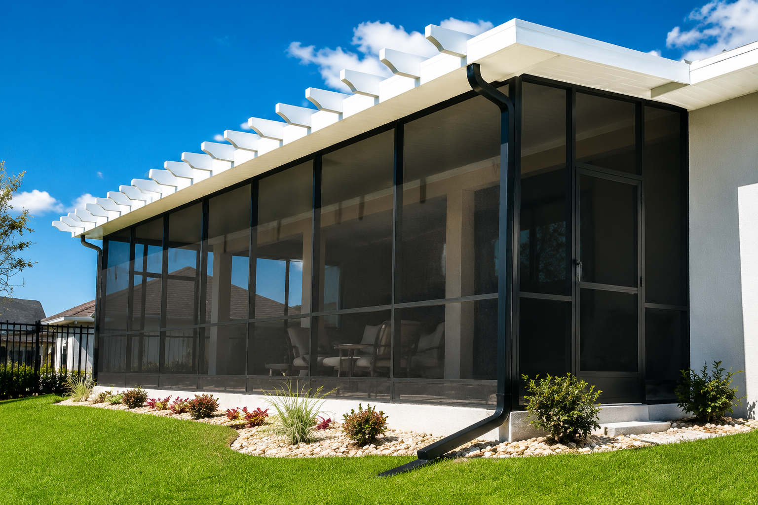 Modern screened porch with patio cover area