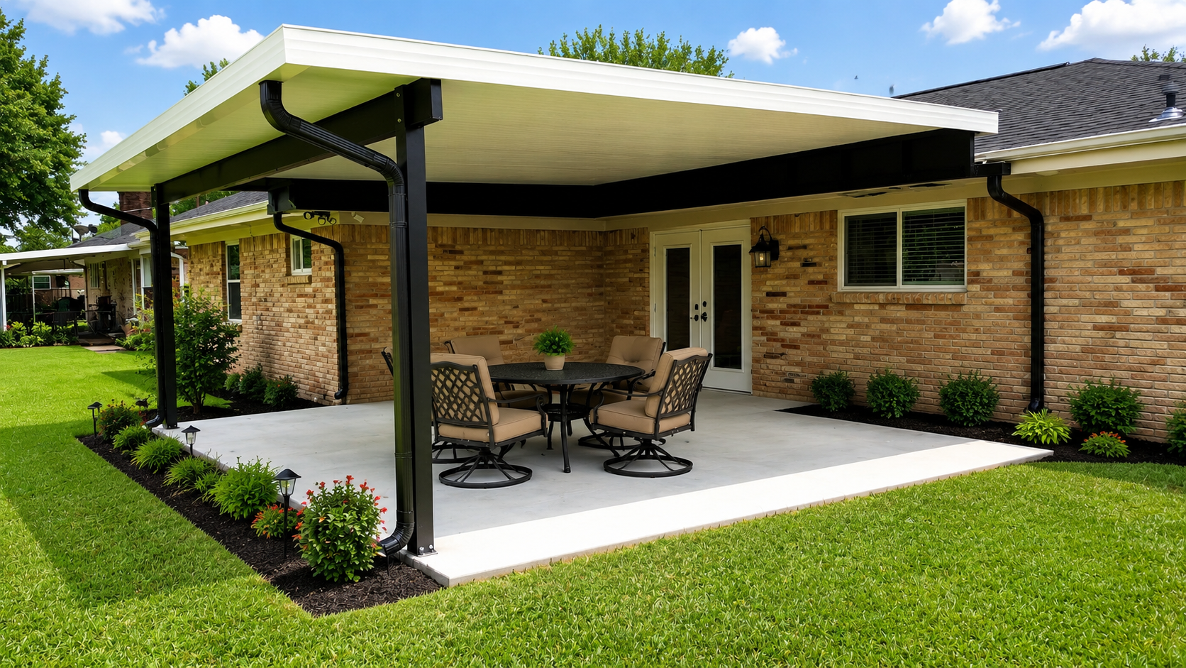 Modern suburban patio with landscaping and shade structure in Alvin area