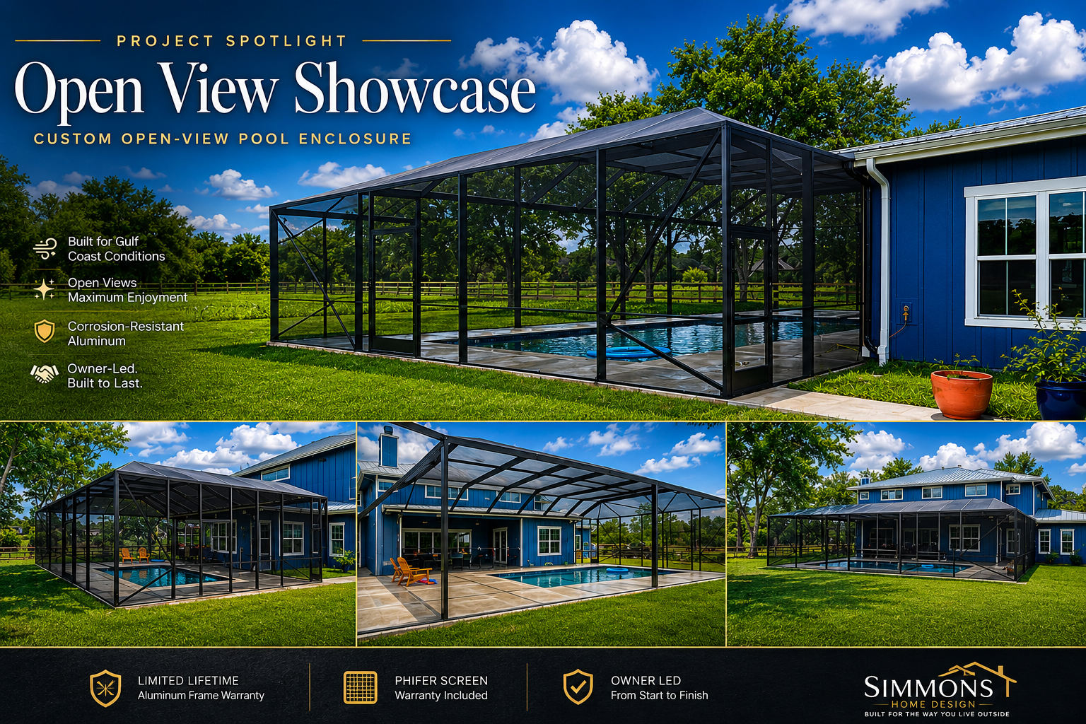 Open-view pool enclosure for a backyard