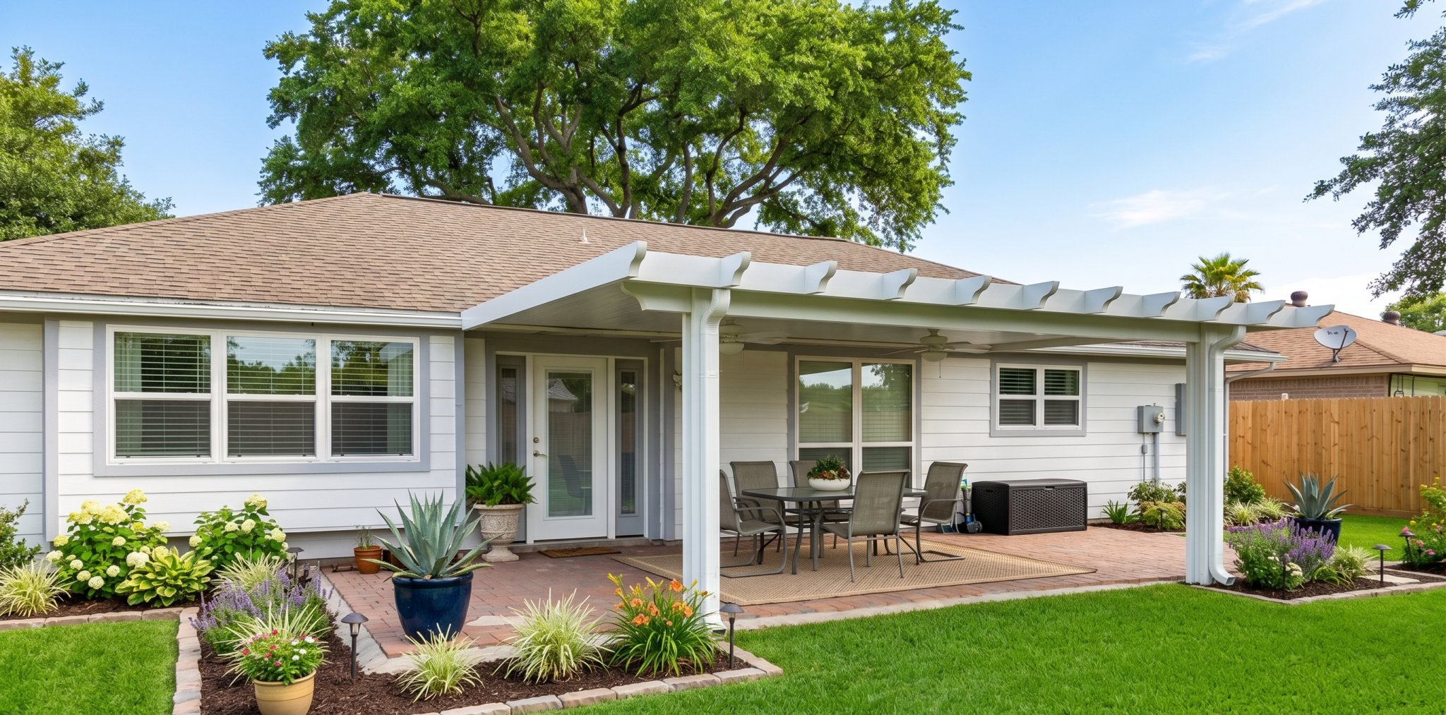 Covered outdoor grilling patio with insulated shade in Alvin area