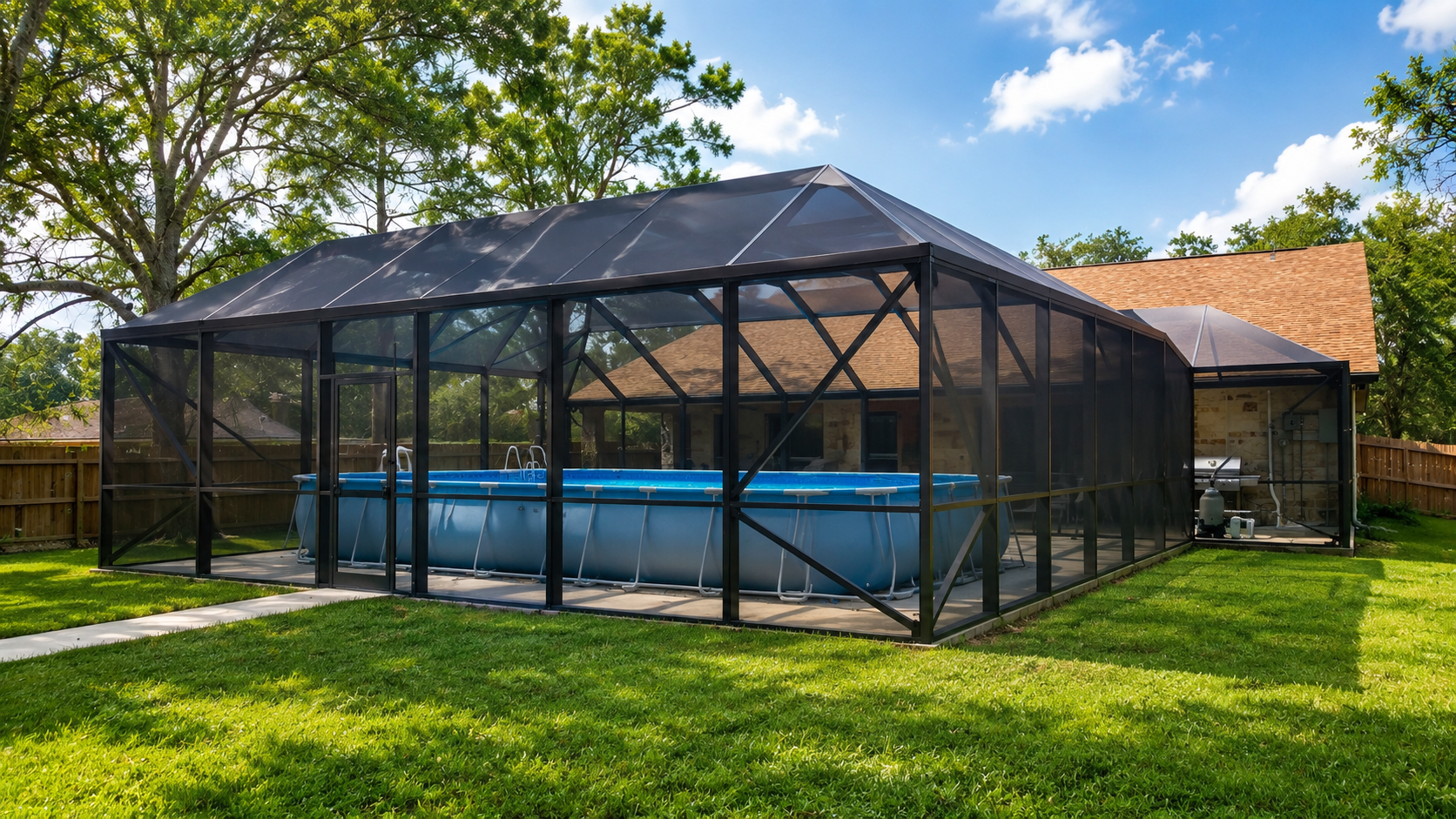 Close-up of aluminum framing used in a Simmons Home Design pool enclosure