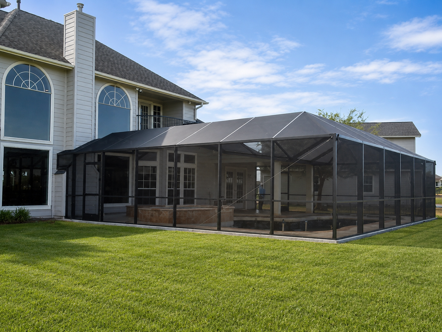 Gutter and drainage tie-in on a Gulf Coast pool enclosure in League City