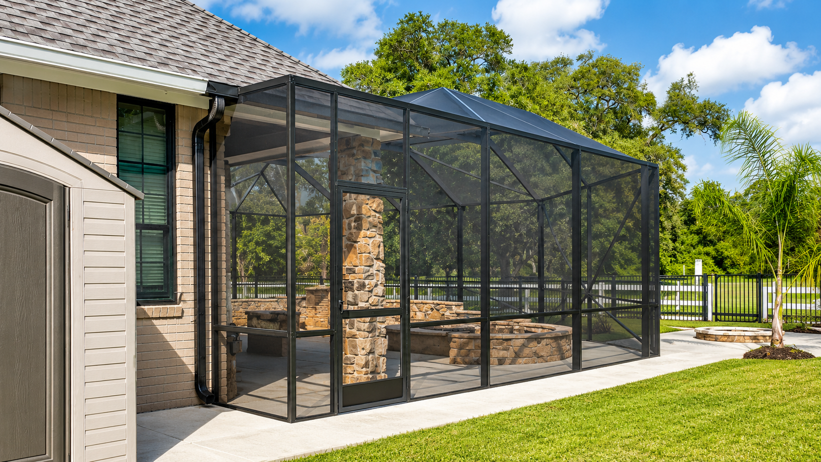 Pool cage on golf course style backyard