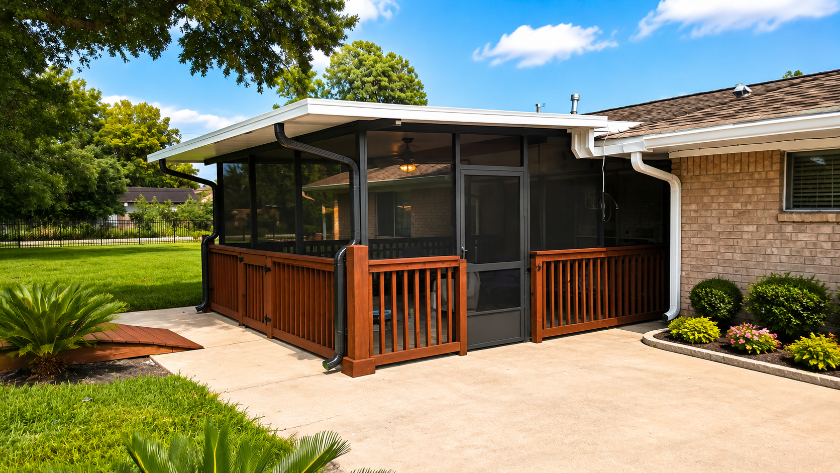 Screened patio cover with riser wall in Brazoria County