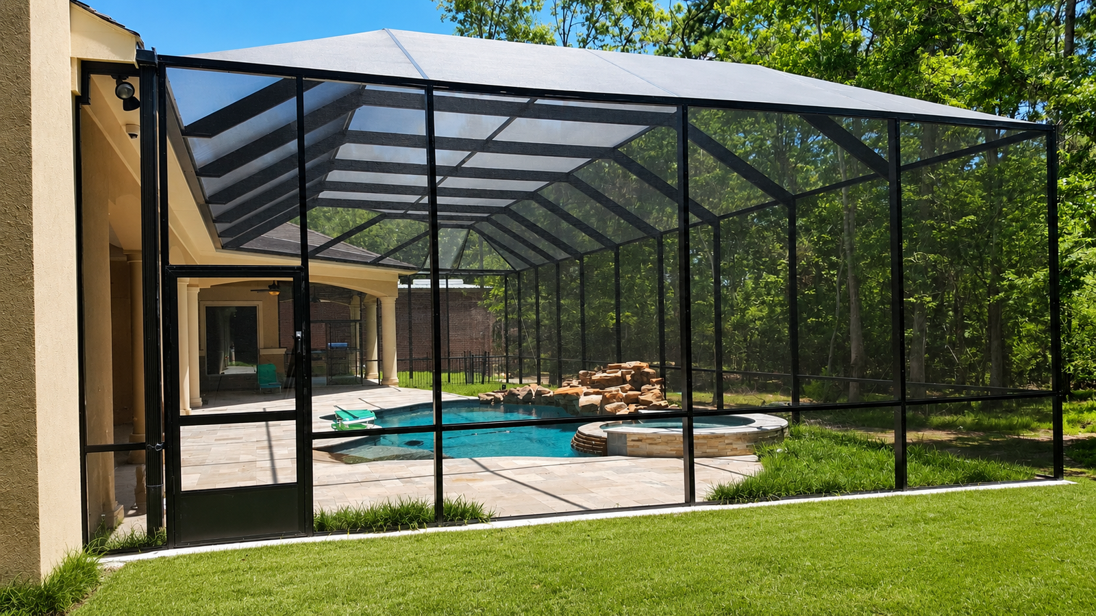 Custom aluminum pool enclosure cage built for a Tomball TX pool area