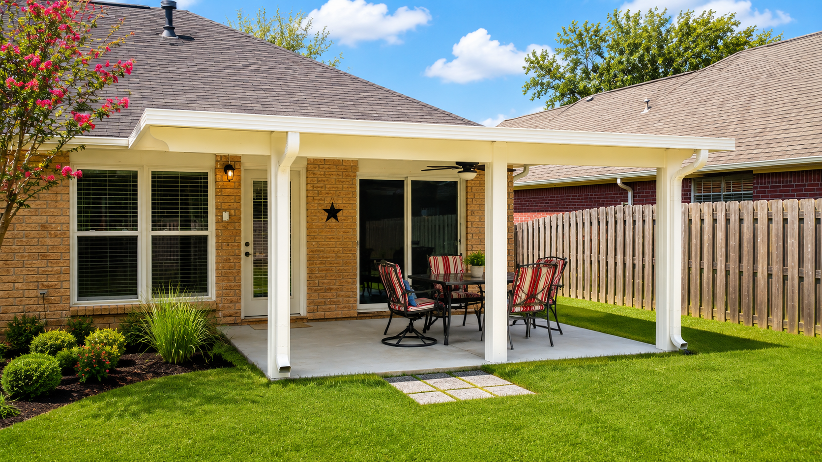 Outdoor dining area with custom patio cover shade