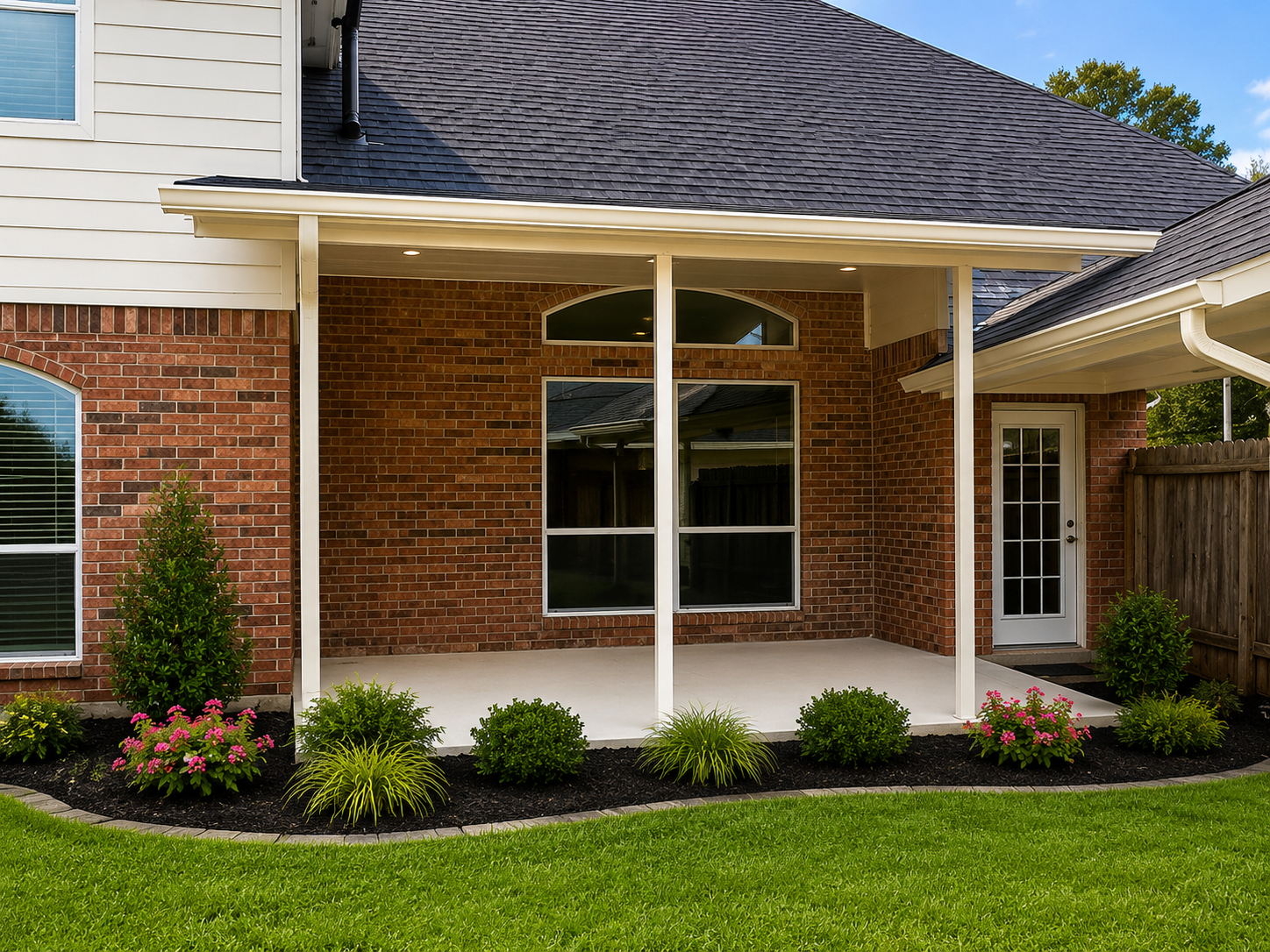 Suburban patio with landscaped backyard in Webster, TX