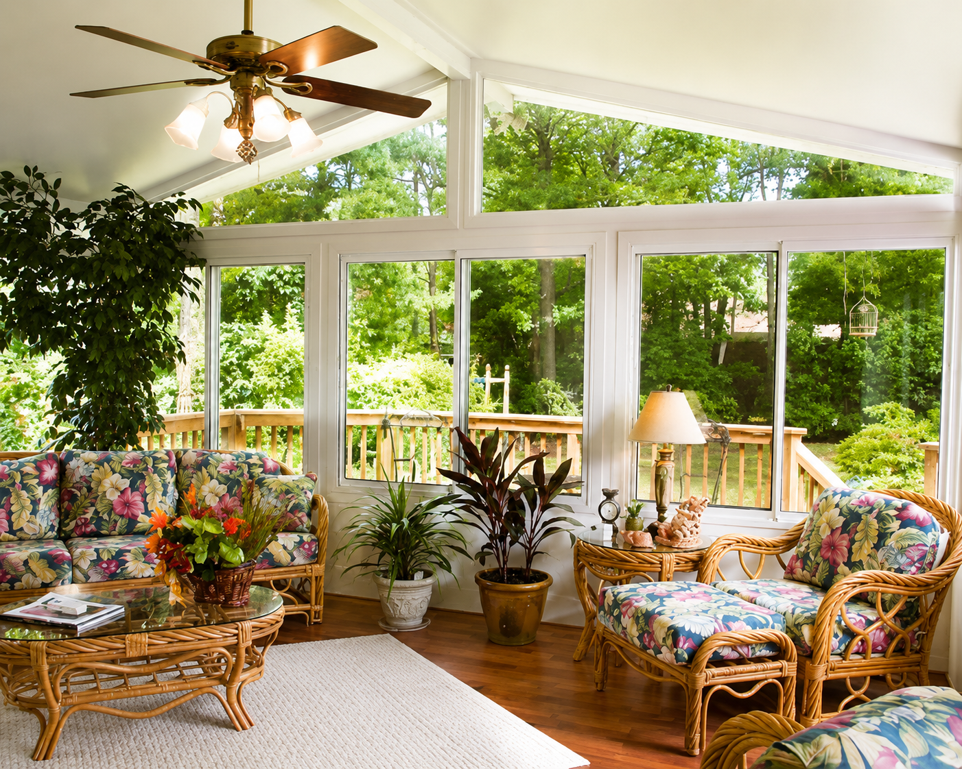 Sunlit covered patio styled as an outdoor living room