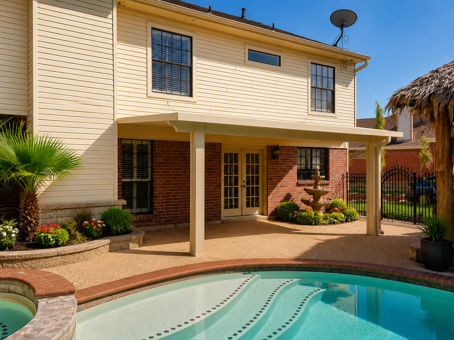 Sunny Katy backyard patio with pool, greenery, and custom patio cover