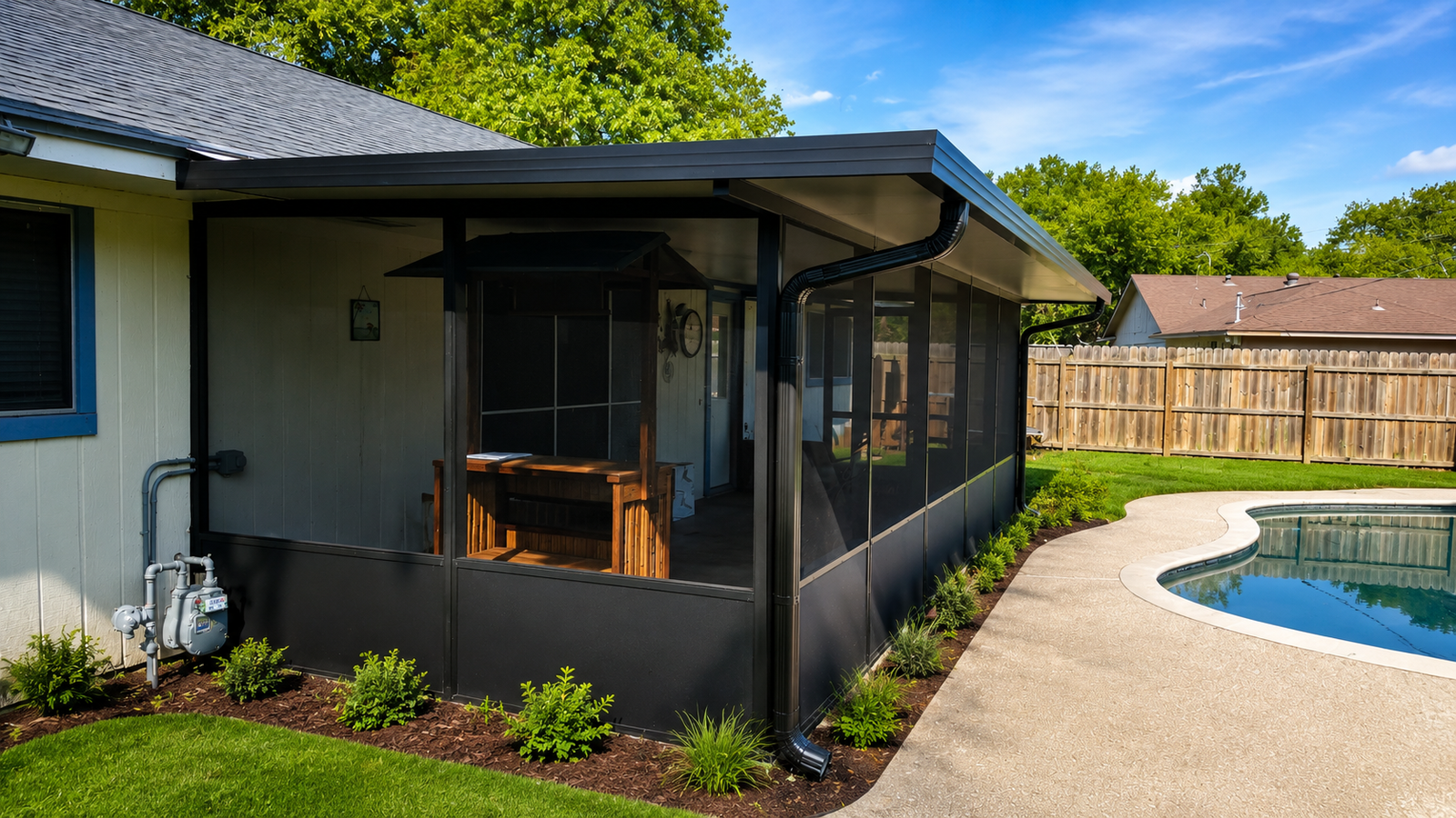Screened patio cover next to a pool in the Webster area