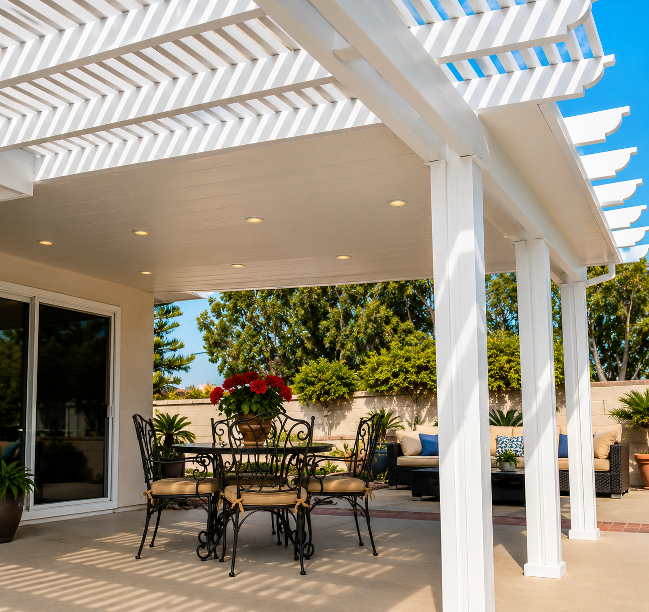 White pergola-style patio cover for sunny Cypress patio