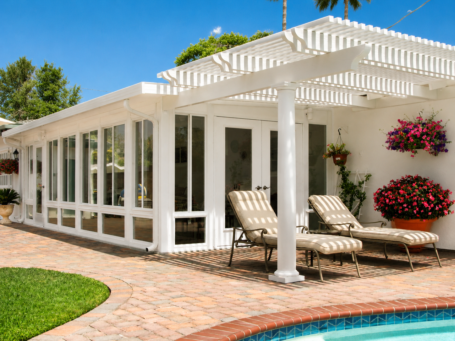 Sunny Katy backyard patio with pergola-style cover next to the pool