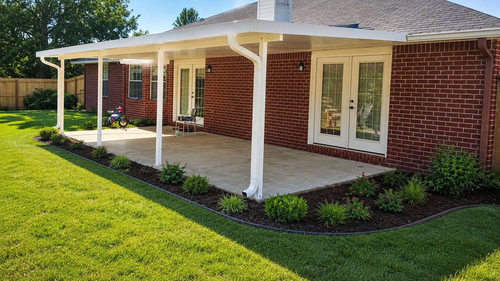 Insulated white patio cover beside backyard garden area