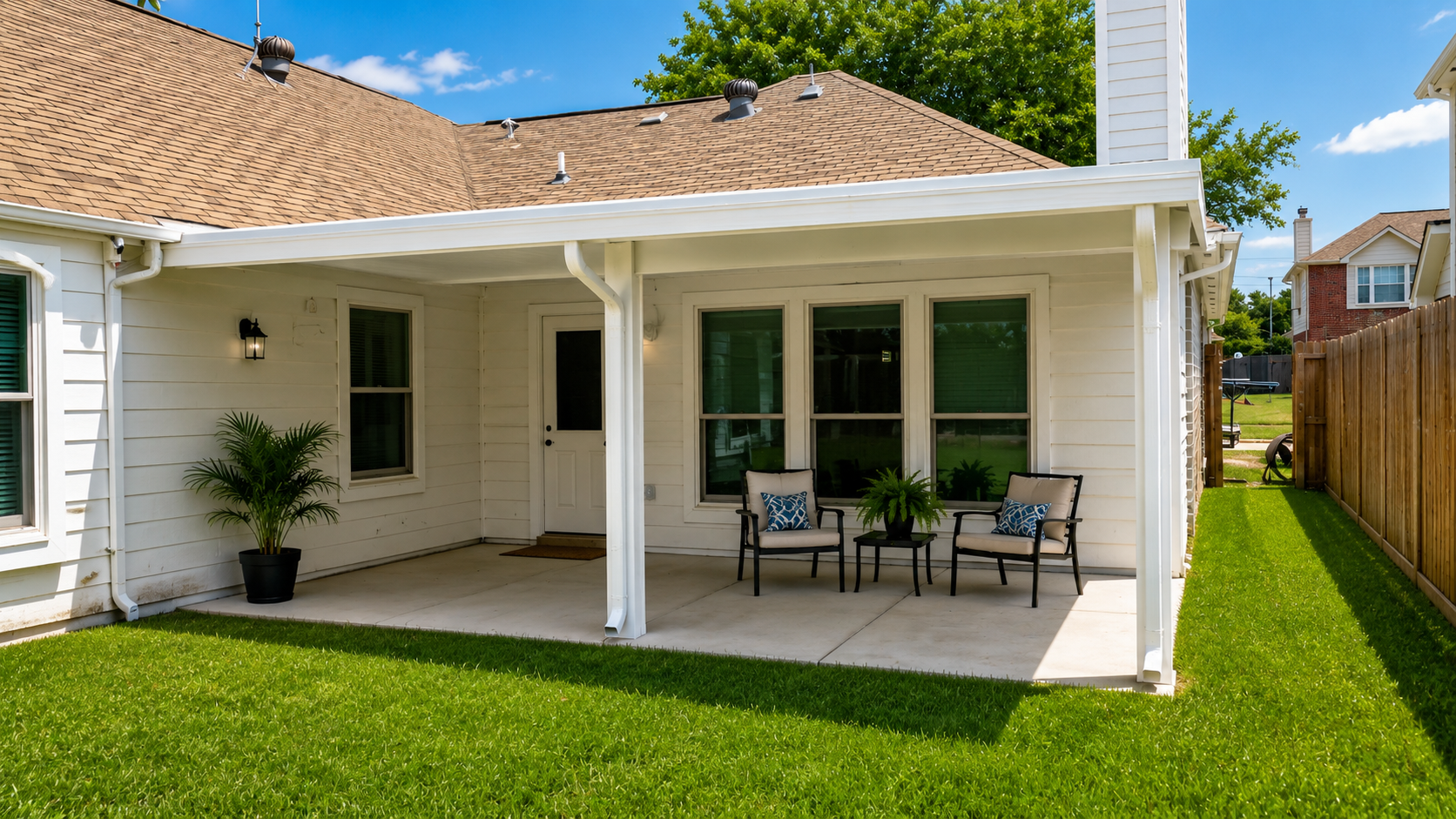 Sunny suburban patio upgraded with a custom patio cover near Conroe TX