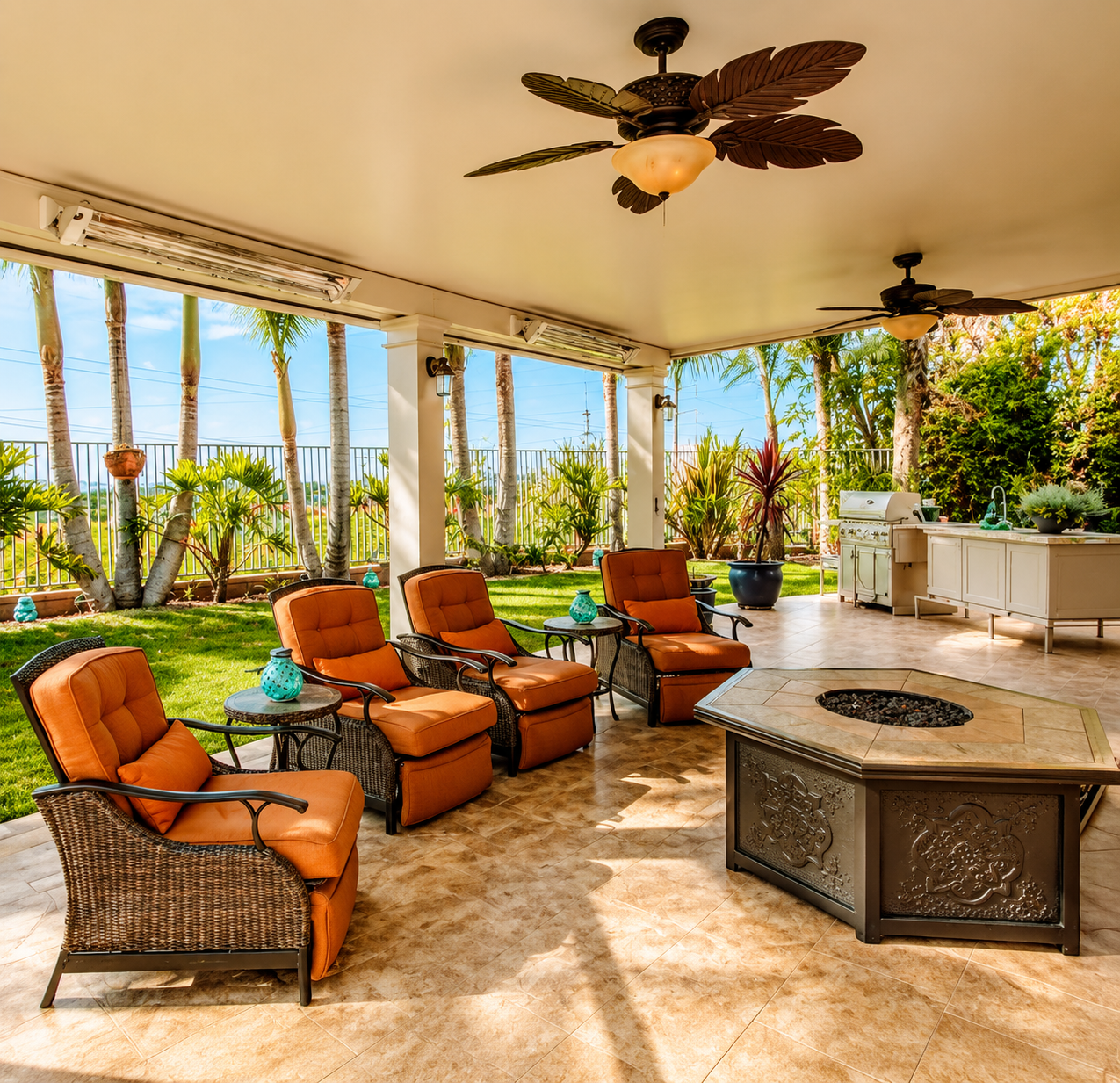 Tropical garden-view patio with custom shade near Cypress Texas