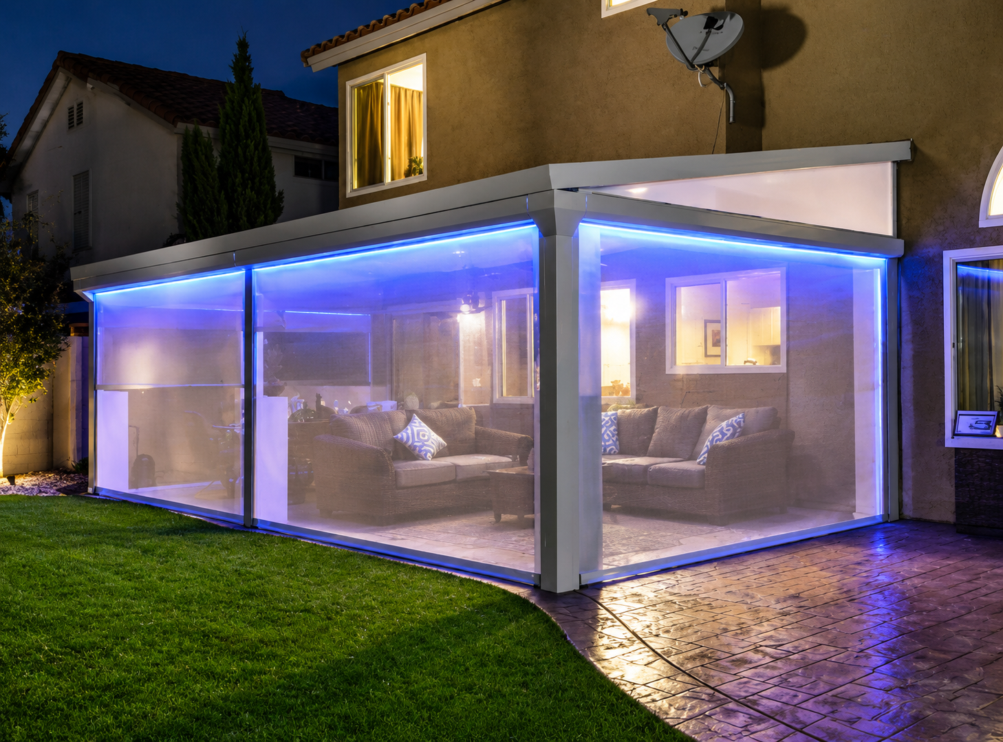 Twilight patio cover with cozy lighting in Cypress TX
