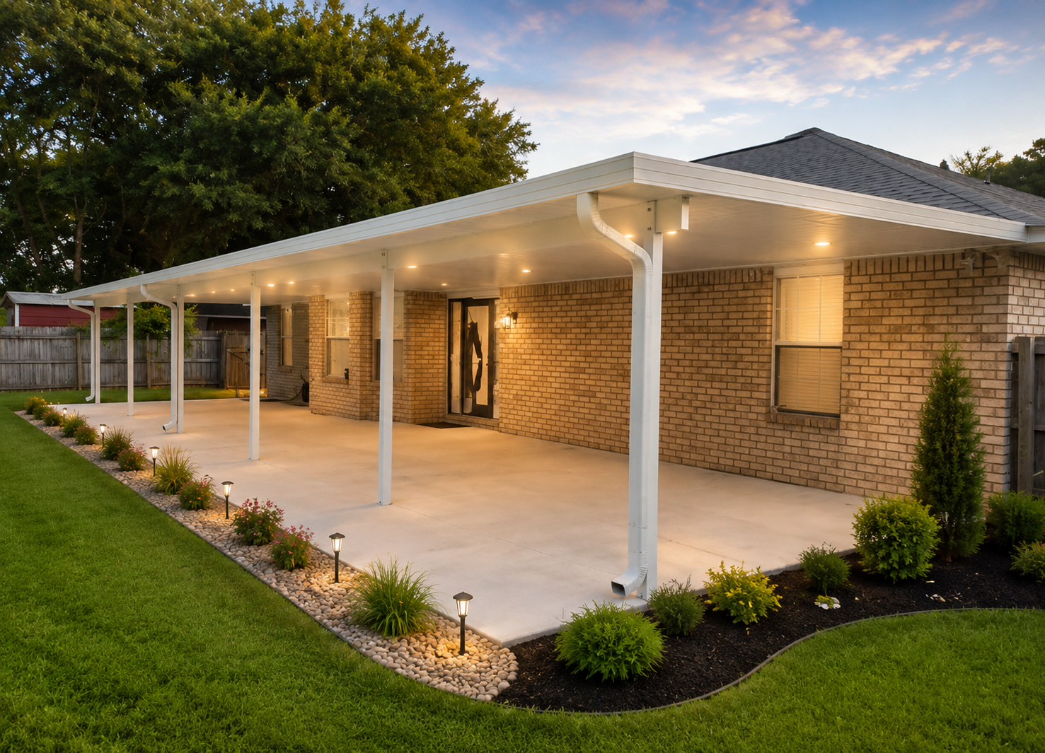 Patio cover lit at dusk near Bay Area Boulevard
