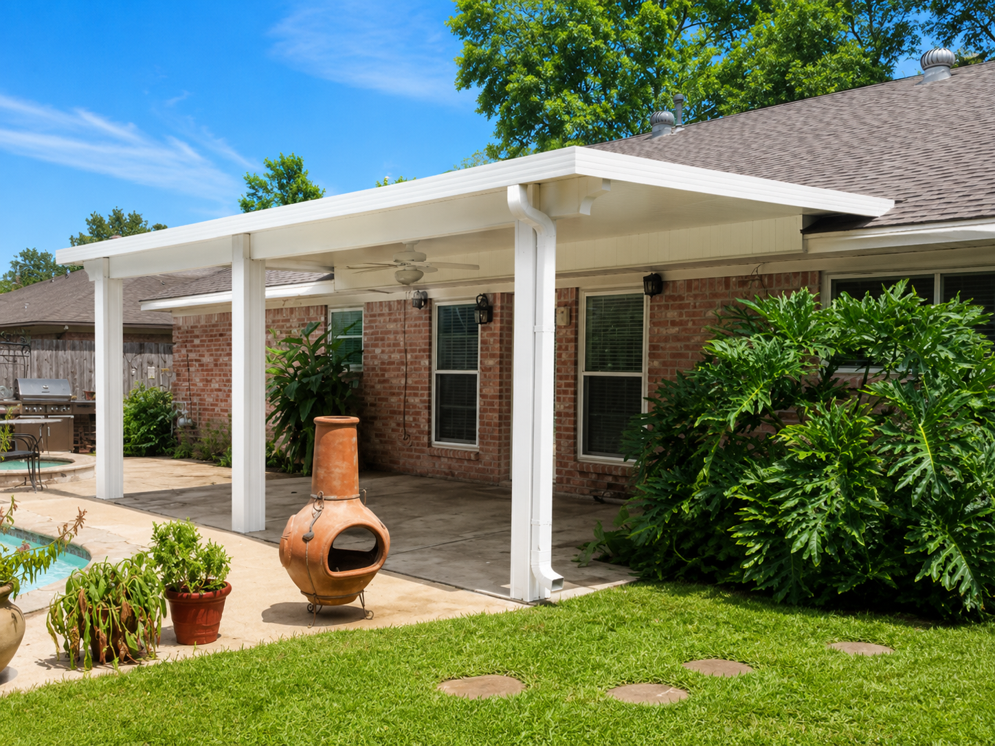 White insulated patio cover option for Pearland heat and humidity