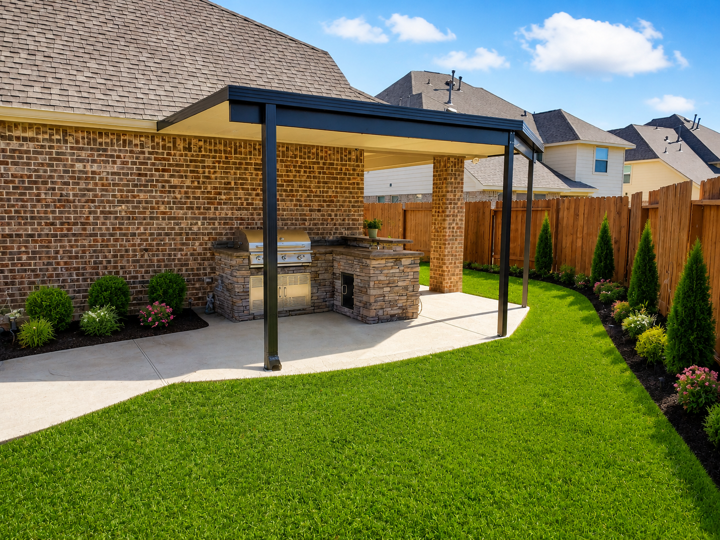 Wraparound patio cover for larger outdoor living space near Conroe